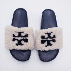 Tory Burch Women's Black Double T Shearling Platform Slide Sandals Size 9.5